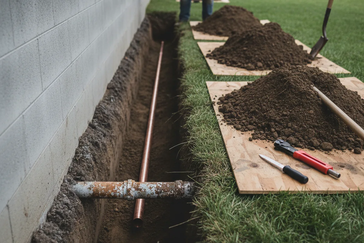 Excavated water line trench during Water Softener Installation in Tanner